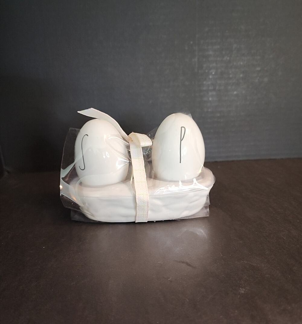 Rae Dunn Easter Egg Shaped “S” & “P” Salt And Pepper Shakers Ceramic 3 Pc Set